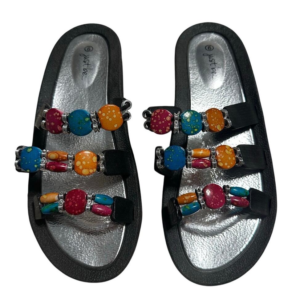 Just Be Sandals Women's Size 9 Bead Stones Multicolor Colorful Boho Slip-On NWOT